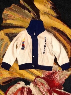 Vintage baby cardigan jacket, embroidered train & engineer, navy blue trim